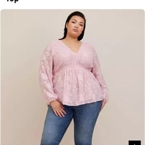 Torrid 1x Pink Lace Babydoll Long Sleeve V-Neck Blouse Coquette Girl, Preppy